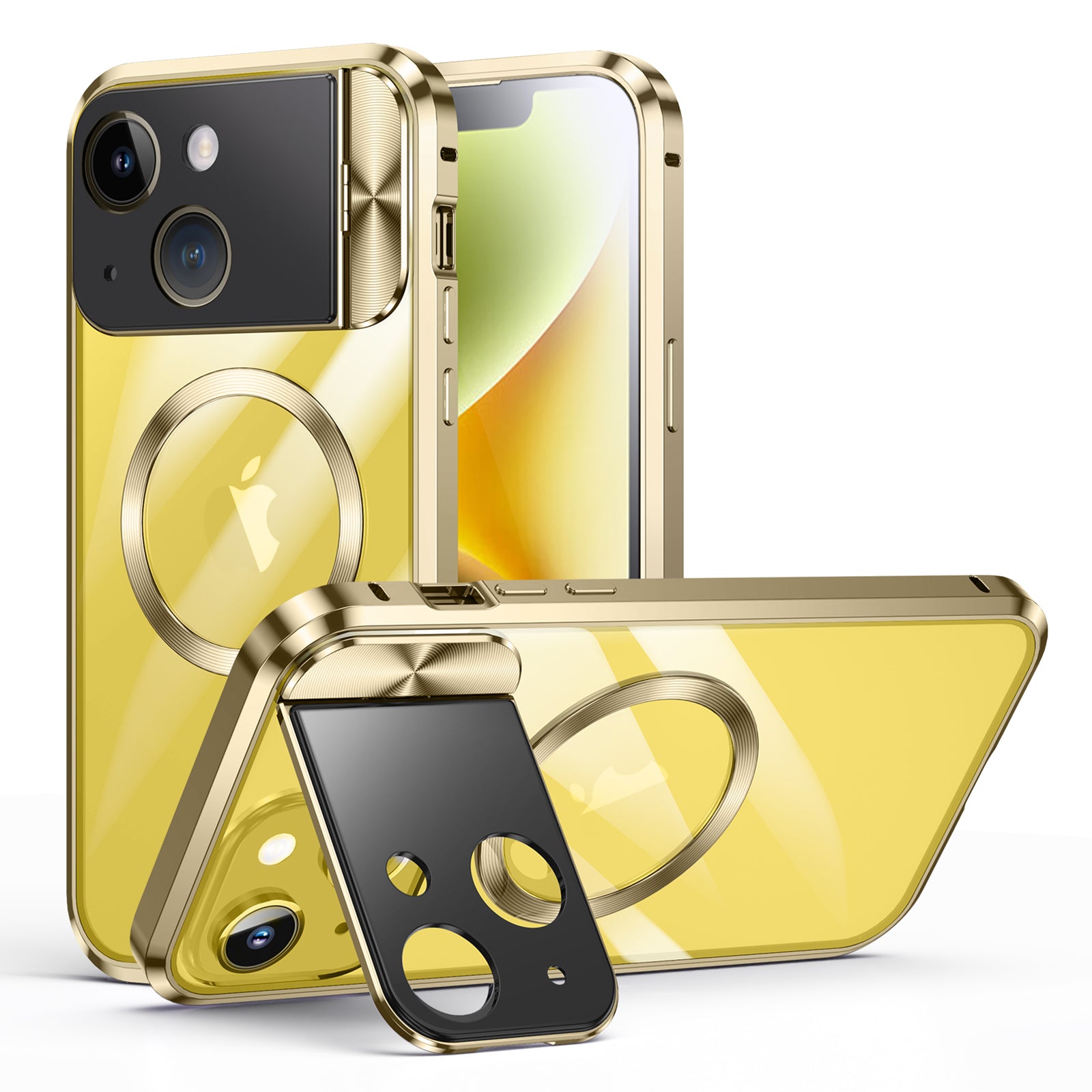 Phone Case Compatible with MagSafe for iPhone 14 , Tempered Glass+Aluminum Alloy+PC Cover with Kickstand - Yellow Phone Case Compatible with MagSafe for iPhone 14 , Tempered Glass+Aluminum Alloy+PC Cover with Kickstand - Yellow